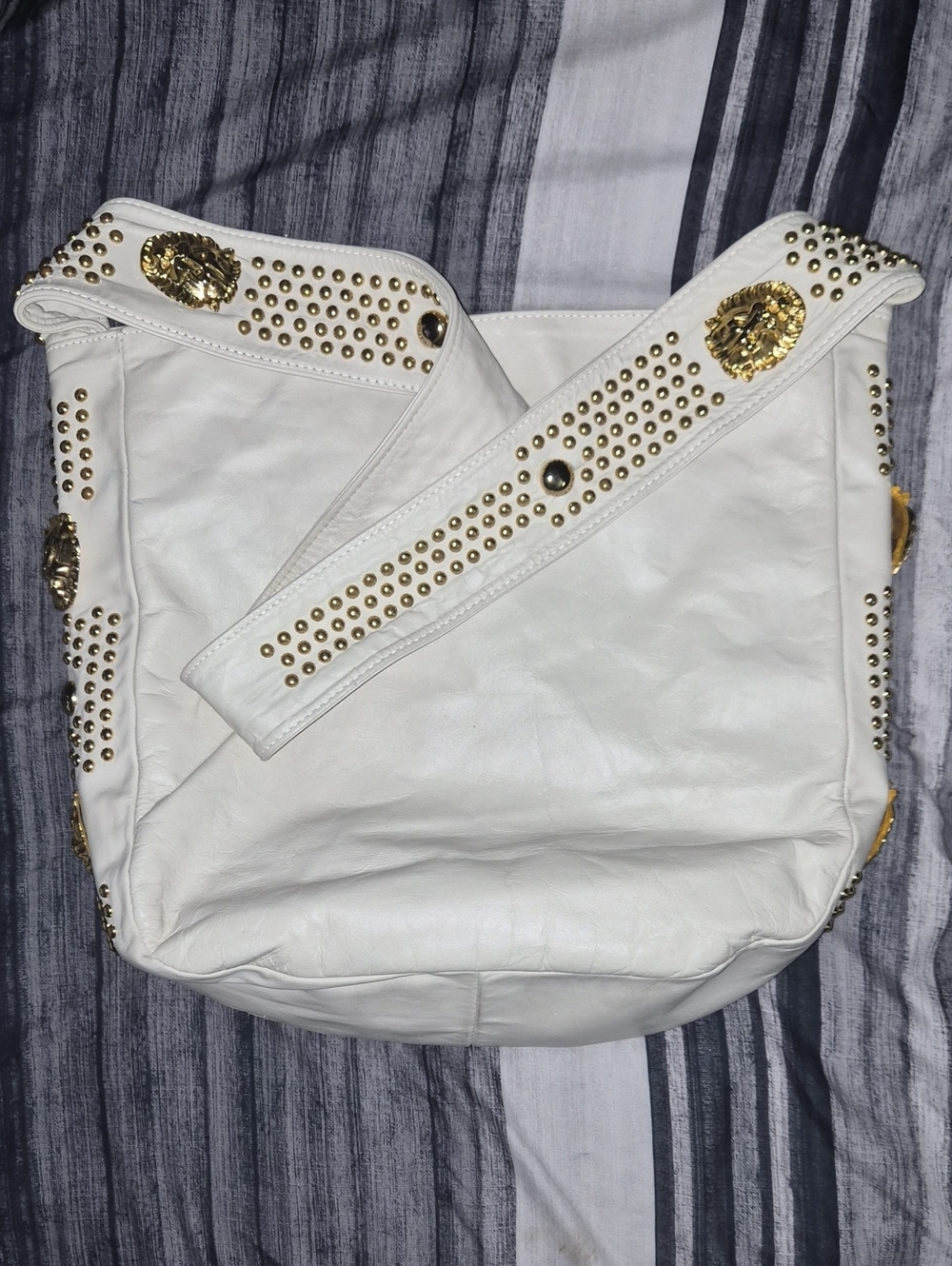 White Studded Leather Shoulder Bag with Gold Accents